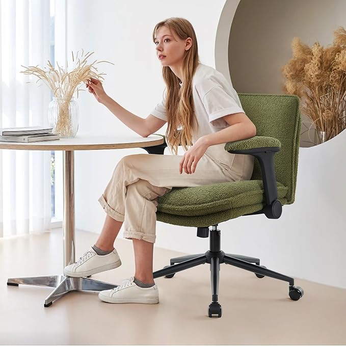 Criss Cross Legged Office Chair with Wheels and Flip-Up Arms, Ergonomic Wide Seat Desk Chair with Thick Padded, Height Adjustable Criss Cross Chairs for Home Office, Bedroom,Apartment,Vanity,Green
