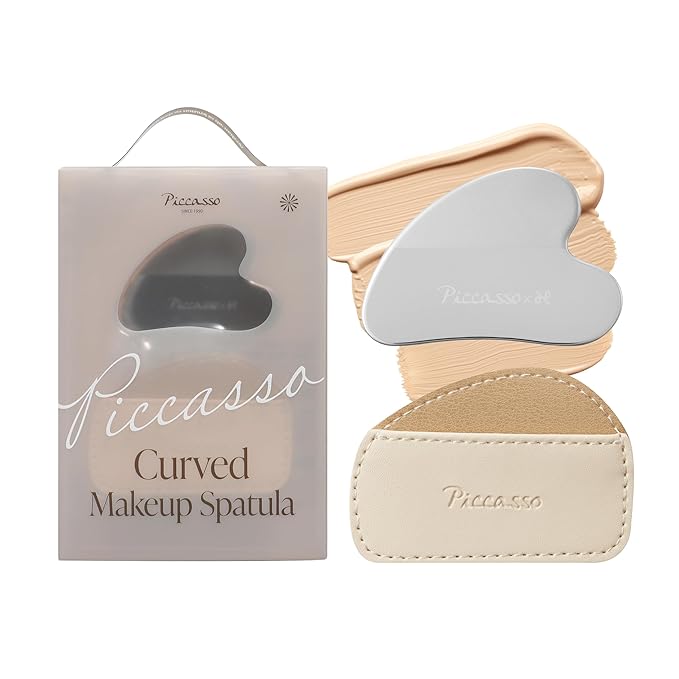 Piccasso Curved Makeup Spatula for Foundation, Stainless Steel Base Makeup Tool with Synthetic Leather Case, Thin Smooth Application for Even Coverage and Natural Skin-Like Finish