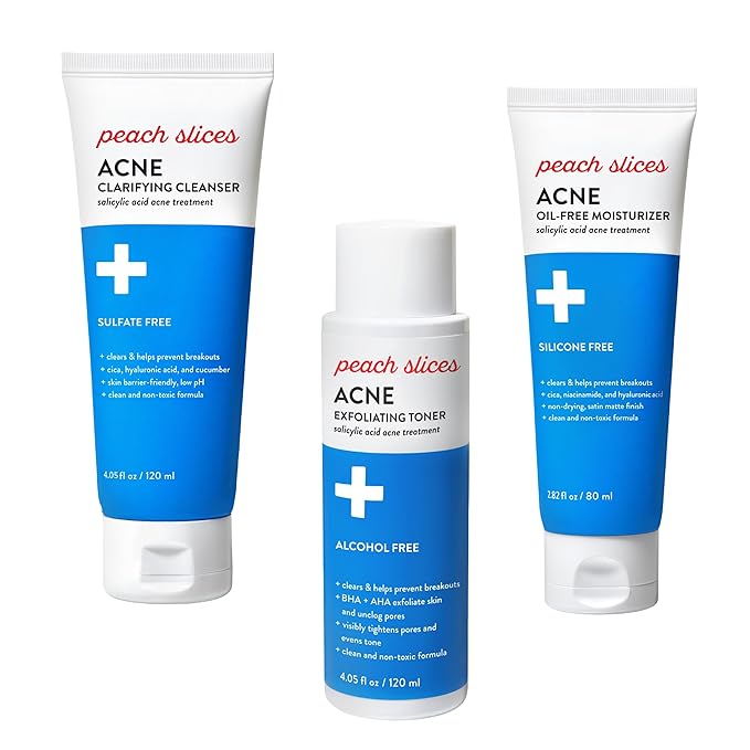 Peach Slices Acne Exfoliating Toner, Clarifying Cleanser & Oil-Free Moisturizer Acne Fighting Bundle | All Skin Types | Vegan & Cruelty Free