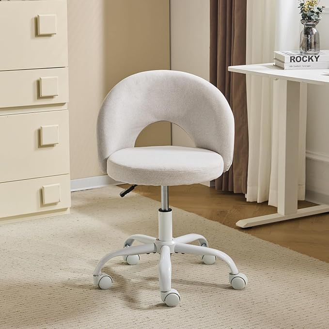 VINGLI Small Vanity Chair with Wheels for Girls.Cute Modern Adjustable Height Armless Office Desk Chair.360°Swivel Comfy Rolling Chair for Study, Make up Room,Small Space,Linen Light Gray