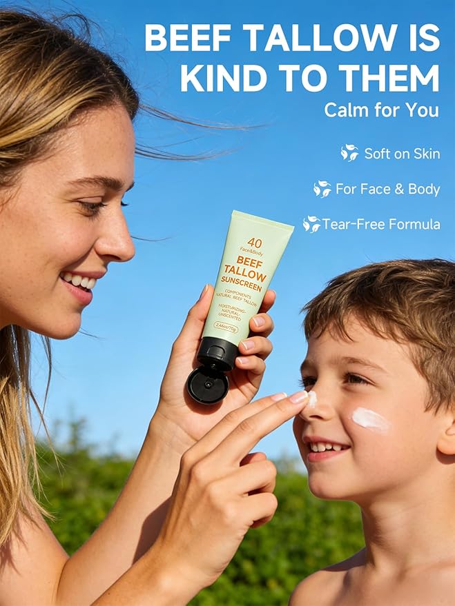 Beef Tallow Reef Safe Sunscreen SPF 40 for Face, Travel Size Natural Organic Non-Greasy Lightweight Formula For Women & Men, Summer Outdoor Sports Beach Home Office Daily Use, 2.46 OZ
