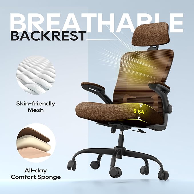 Ergonomic Office Chair, High Back Mesh Desk Chair with Adjustable Lumbar Support & Headrest, Flip-up Armrest, Computer Task Chairs for Home and Executive Office (B-Brown)