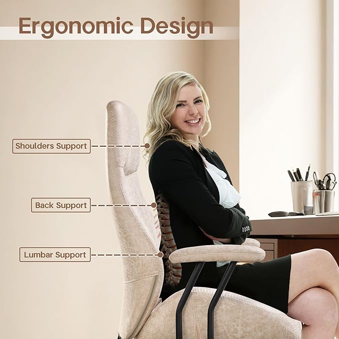 HOOOWOOO Faux Suede Leather Home Office Chair,MCM Modern Ergonomic Task Work Chair,Computer Desk Chair with Cushion Seat Lumbar Support Reclining High Back for Long Hours(Beige)