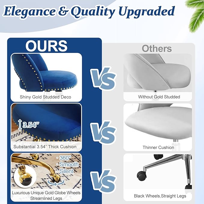 VINGLI Modern Velvet Small Office Chair,Cute Desk Chair with Wheels,Gold Base/Studs, Comfy Armless Swivel Vanity Task Chair for Women/Girl/Kids, Nail Tech Chair for Bedroom,Small Space,Navy Blue