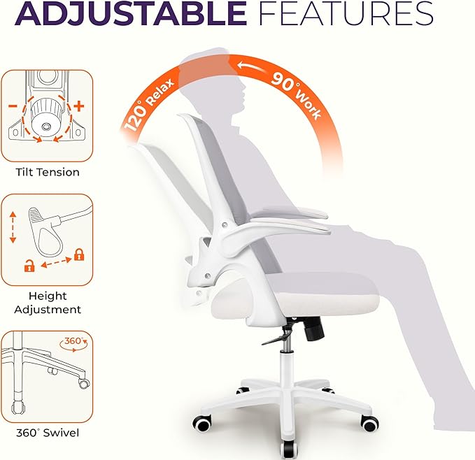 NEO Chair Office Desk Computer Gaming Ergonomic Chair with Lumbar Back Support Adjustable Height Swivel Wheels Flip-up Arms Mesh Chair for Home or Office (Ivory)