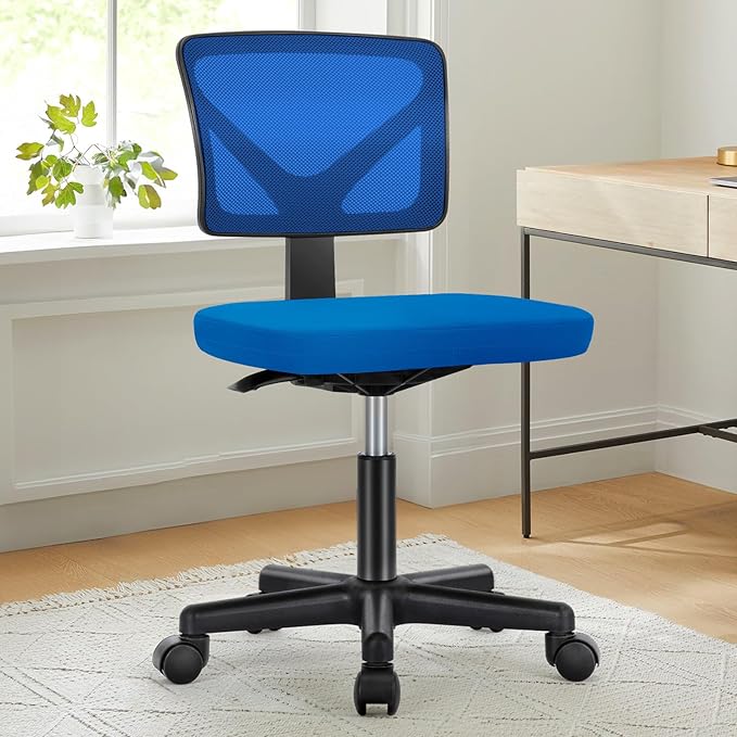 NEWBULIG Home Office Desk Chair, Armless Ergonomic Swivel Computer Chair with Wheels, Adjustable Height and Low-Back Mesh Design, Rolling Chair with Lumbar Support and Comfortable Seat, Blue
