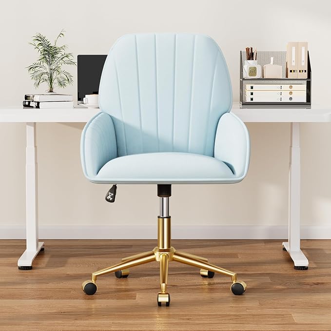Home Office Desk Chair Comfy with Adjustable Swivel Wheels, Modern Velvet Makeup Vanity Chair with Back & Pillow, Ergonomic Office Chair Computer Task Chair for Living Room, Bedroom, Blue