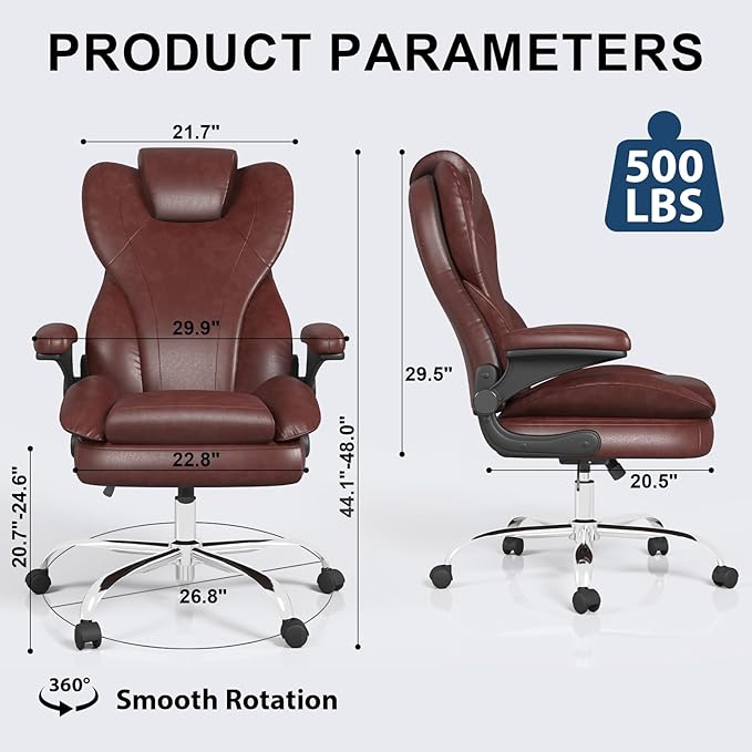 Hovos Office Chair, Ergonomic Big and Tall Desk Leather Chair with Padded Flip-up Arms, Adjustable Tilt Lock, Heavy Duty Swivel Rolling Computer Chair for Home Office, Brown