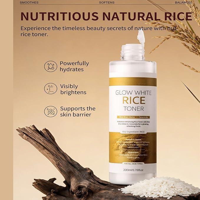Glow White Rice Toner - Milky Rice Water Hydrating Facial Toner, Brightening Skin Care Toner with Rice Bran & Ceramide, Gentle for All Skin Types (200ml)