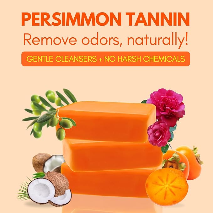 Muun Persimmon Soap Pack 3 For Old People Smell, Odor Control - Japanese Deodorant Soap, Deodorizing Body Wash, Smooth Deeply Cleansing - Body Odor Eliminator