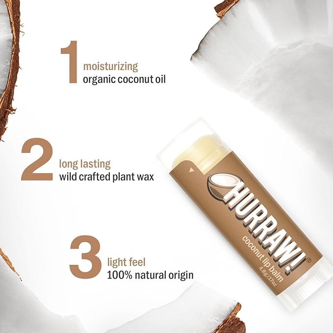 Hurraw! Coconut Lip Balm: Organic, Certified Vegan, Cruelty and Gluten Free. Non-GMO, 100% Natural Ingredients. Bee, Shea, Soy and Palm Free. Made in USA