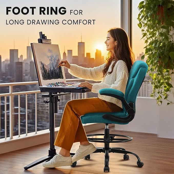 Drafting Chair for Standing Desk – Tall Office Chair with Adjustable Height & Foot Ring, Flip-Up Arms, Lumbar Support – Comfortable Fabric Seat, Ideal Home Desk Chair