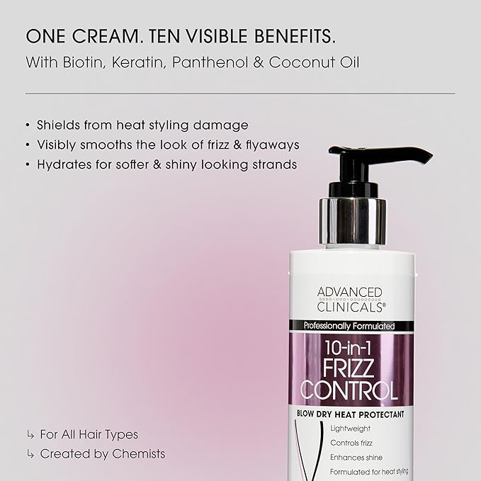 Advanced Clinicals 10-in-1 Anti-Frizz Hydrating Heat Protectant Hair Cream Coconut & Bamboo Strengthen, Detangle & Smooth Dry, Damaged Hair DEA, Paraben, Sulfate-Free, Color Safe, 7.5 Fl Oz