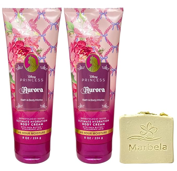 Bath & Body Works Limited Edition Princess Collection Aurora 2 Ultimate Hydration Body Creams with a Wild Jasmine Bar Soap