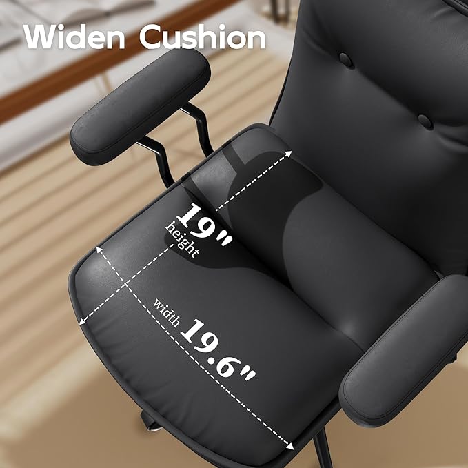 Black Office Chair with Triple-Layers Thicken Wide Seat, Mid Back Leather Desk Chair with Wheels and Arms, Mid-Century Modern Computer Chair for Home Office