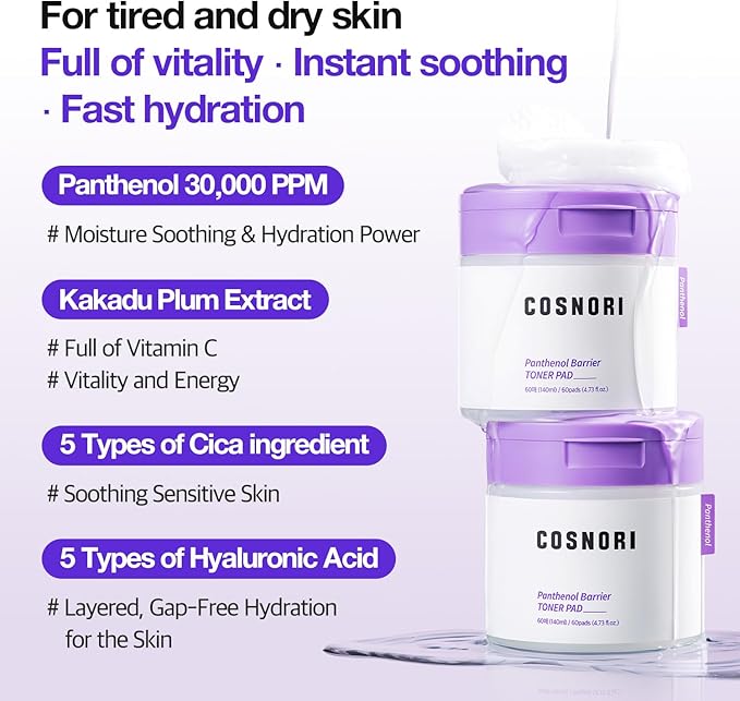 COSNORI Panthenol Barrier Toner Pad (60 Pads) - High-Concentration D-Panthenol - Vegan Certified - Soothing & Barrier-Boosting for Sensitive Skin - Vegan & Eco-Friendly (4.73 fl.oz.)