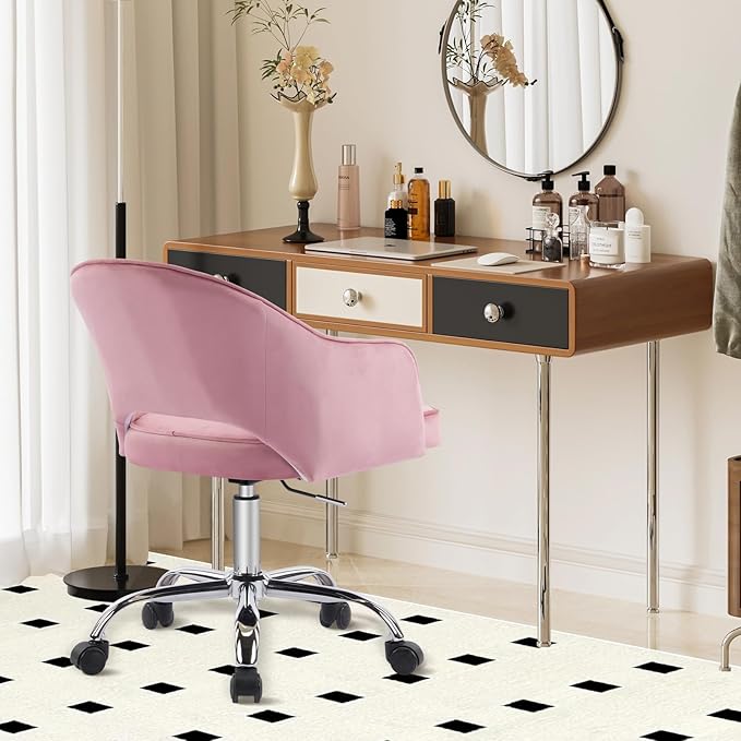 MOJAY Modern Vanity Chair with Wheels, Mid-Back Cutout Velvet Home Office Chair, Swivel Height-Adjustable Soft Seat Cute Desk Chair with Arm Support (Rose Pink)