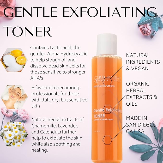 100% Natural & Organic Gentle Exfoliating Toner. Best Toner for Dull, Dry and Drab Skin. Remove Dead Skin Cells & Improve Skin Tone & Texture with AHAs & Botanical Extracts. Home or Professional Use.