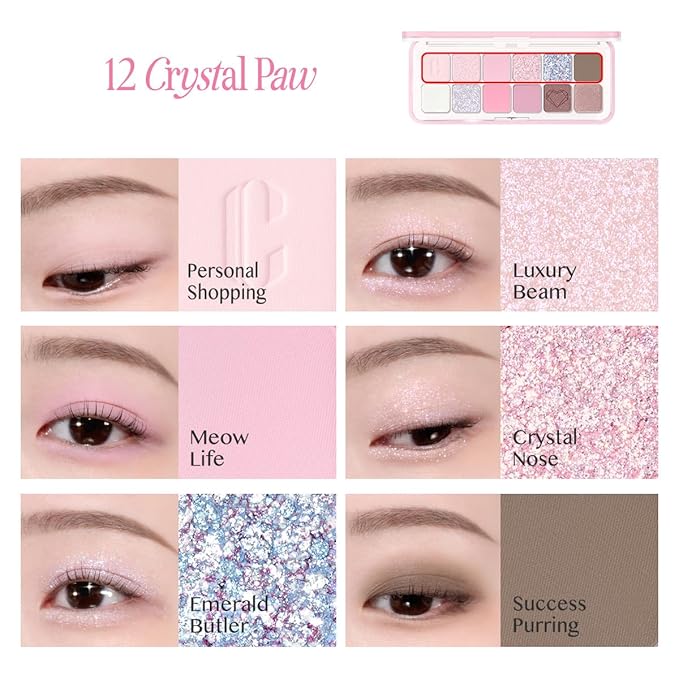 CLIO Pro Eye Palette Air, 12-Color Eye Shadow Palette, Matte Shimmer Mix, Air-Fit Blendable Pigmented Buildable Color, Low Fallout, Cool Light Neutral Tone, Daily Korean Makeup (12 CRYSTAL PAW)