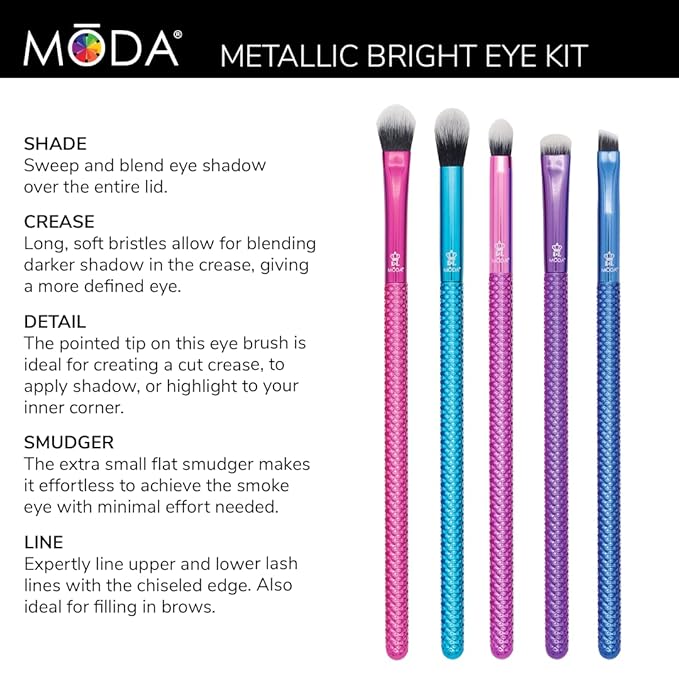 MODA Pro 5pc Deluxe Eye Makeup Brush Kit, Includes - Shader, Crease, Detail, Smudger, and Liner Brushes (Multi-Colored Metallic)
