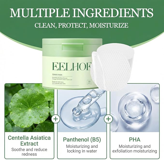 70 Count Toner Pads，Infused with Centella Asiatica Extract & Collagen to Improve Uneven Skin Tone and Deeply Hydrate, Repairing Skin Dark Spots and Dullness Suitable for All Skin Types