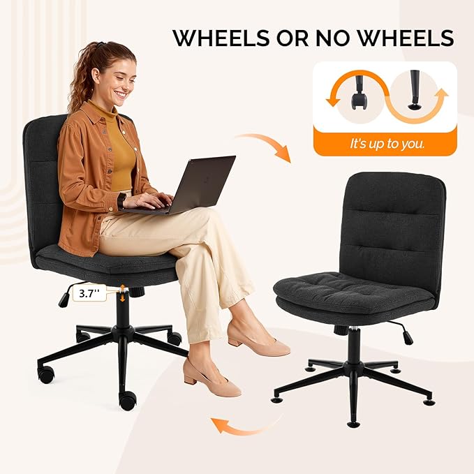 VINGLI Mid Back Armless Office Desk Chair with Wheels/no Wheels,360°Rocking Swivel Vanity Chair with Thickened Cushion,Adjustable Height Rolling for Reading Room, Make up, Linen Black