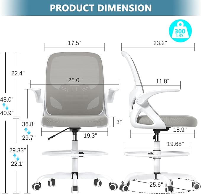 Tall Drafting Chair with Footrest Ring for Home and Work, Ergonomic Home Desk Office Chair with Flip up Arms and Lumbar Support, Extended Height Executive Desk Office Chair(Gray)