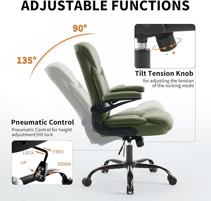 Home Office Ergonomic Desk Chair - Comfy Leather Executive Chair with Flip-Up Armrests, Lumbar Support, 360° Swivel & Rocking (Green)