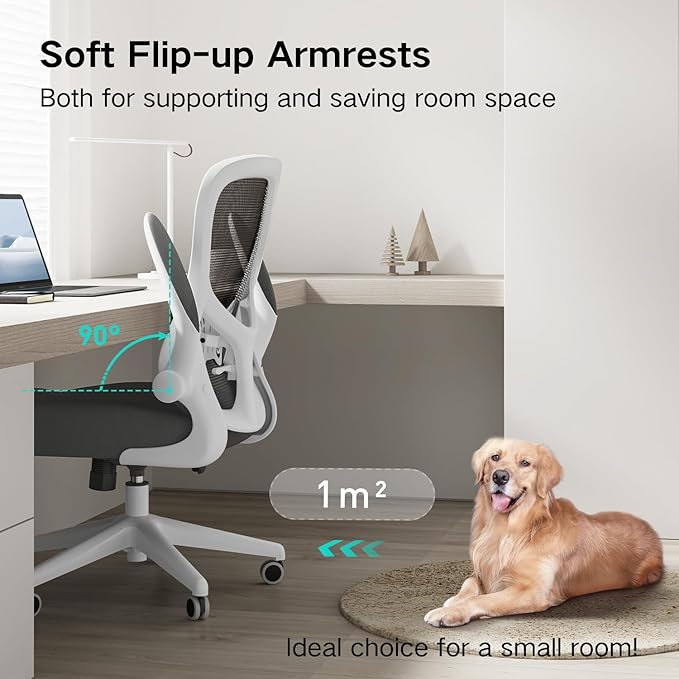 Hbada Office Chair Ergonomic Desk Chair, Office Desk Chairs with PU Silent Wheels, Breathable Mesh Computer Chair with Adjustable Lumbar Support, Flip-up Armrests, Tilt Function, White