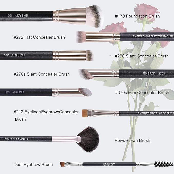 ENERGY Makeup Brushes Premium Synthetic Foundation Powder Concealers Eye Shadows Mascara Eyeliner Brow Fan Blush Makeup Brush Set with PU Cosmetic Bag,Professional Make Up Kit Black 8 Pcs