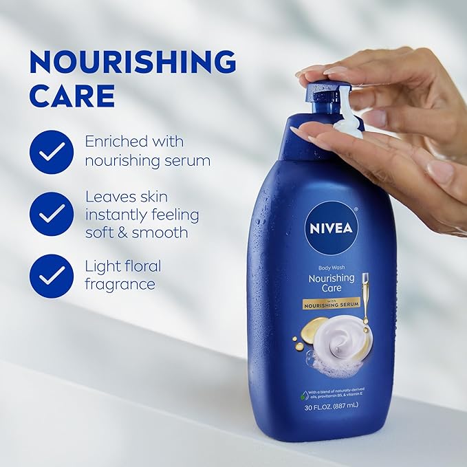 NIVEA Nourishing Care Body Wash with Nourishing Serum, Moisturizing Body Wash for Women, Enriched with Provitamin B5 and Vitamin E, 30 Fl Oz Bottle