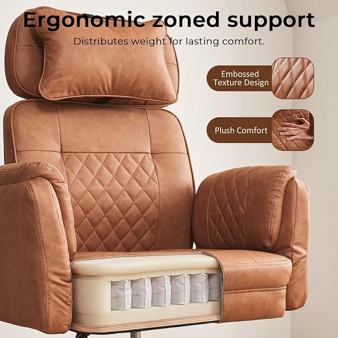 Big and Tall Office Chair - Criss Cross Leather High Back Executive Office Chair with Armrests & Wheels, Ergonomic Computer Gaming Desk Chair for Home, Makeup Vanity & Bedroom, Brown, 49.6”H×22”W