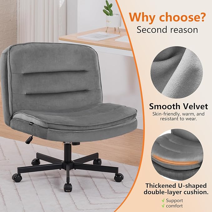 COMHOMA Criss Cross Chair with Wheels Armless Cross Legged Office Chair Wide Home Office Desk Chair Swivel Comfy Vanity Desk Chair Height Adjustable Mid Back Wide Seat Computer Task Chair