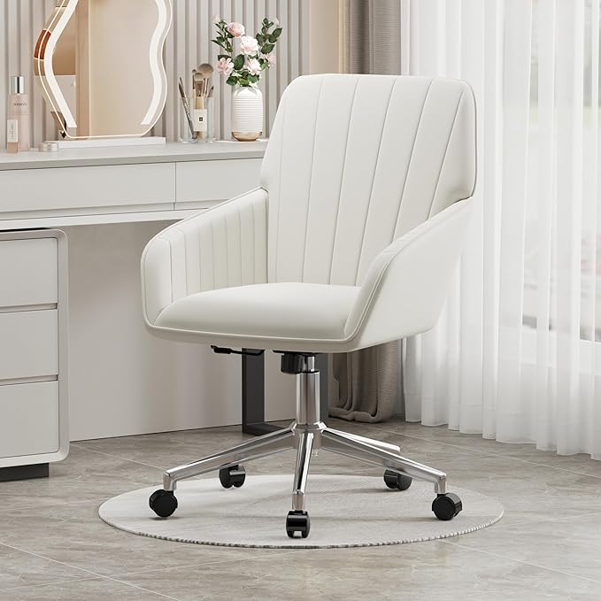 YISHENG Velvet Office Desk Chair with Silver Base, with Wheels,Modern Height Adjustable 360 Degree Swivel Upholstered Vanity Chairs with Arms for Living Room Bedroom,Cream