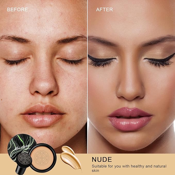 Mushroom Head Air Cushion CC Cream - BB Cream Face Makeup for Mature Skin, Moisturizing Cover Balm Foundation & Long-Lasting Color Correcting Concealer, Even Skin Tone for All Skin Types (Nude)