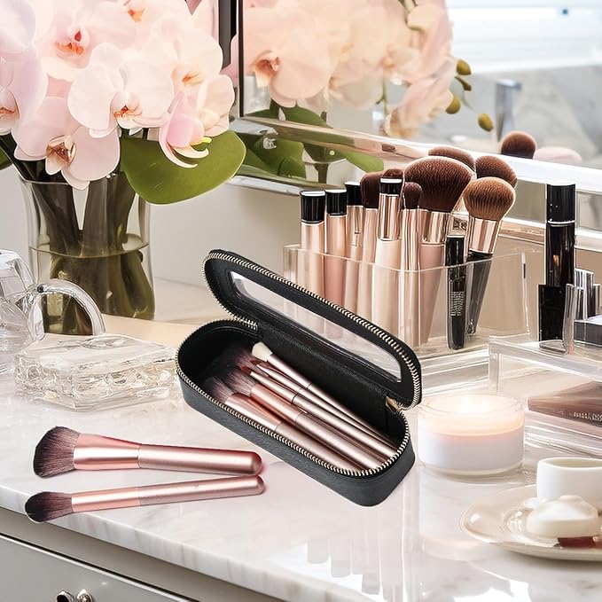 Pinkmik Travel Clear Makeup Bag with Brush Bag Portable Cosmetic Bag Case Transparent Toiletry Bag Cosmetic Organizer Storage Bag for Women (Black, L+SLIM)