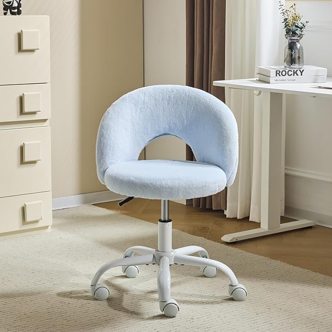 VINGLI Small Vanity Chair with Faux Fur Wheels for Girls,Cute Adjustable Height Armless Office Desk Chair,360°Swivel Comfy Rolling for Study,Make up Room,Small Space,Blue