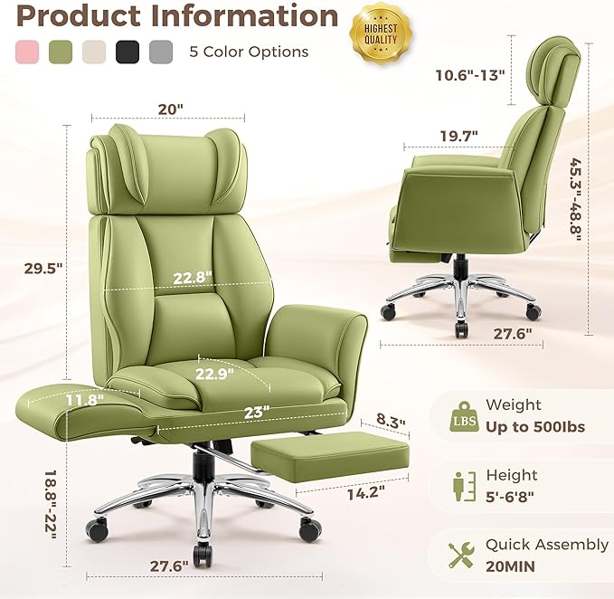 Big and Tall Office Chair, Flip Armrests for Pets & Cross Legged Sitting, Ergonomic Leather Executive Desk Chair with Foot Rest, High-Back Reclining Computer Chairs for Office Home Game - Green
