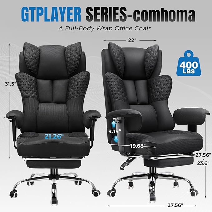GTPLAYER Big and Tall Office Chair 400LBS Wide Ergonomic Fabric Deluxe Embossing Designed Gaming Chair with Foot Rest,150°Reclining Adjustable Armrests Pocket Spring Back Support and Pillow