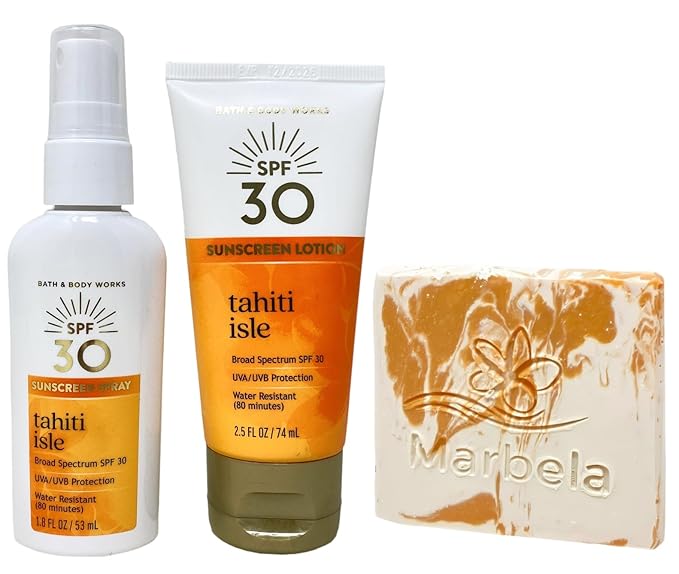 Bath & Body Works Tahiti Isle SPF 30 Sunscreen Lotion and Sunscreen Spray Travel Size with a Peach Gardenia Sample Soap
