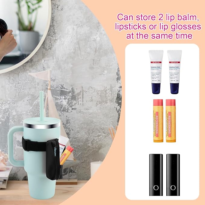 Beautyflier Water Bottle Lipstick Keychain Holder, Lip Balm Sleeve Pouch, Lipstick Attachment for Stanley 40oz Tumbler Cup, Lip Gloss Holder Keychain for Women Girls Travel Accessories (Black)