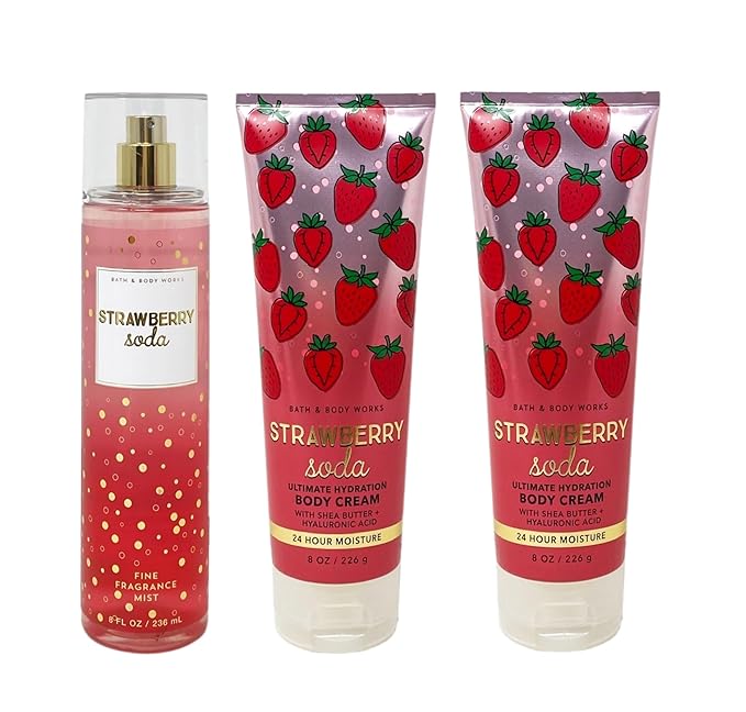 Bath & Body Works Strawberry Soda 3 Piece Bundle - Fragrance Mist and 2 Body Creams - Full Size
