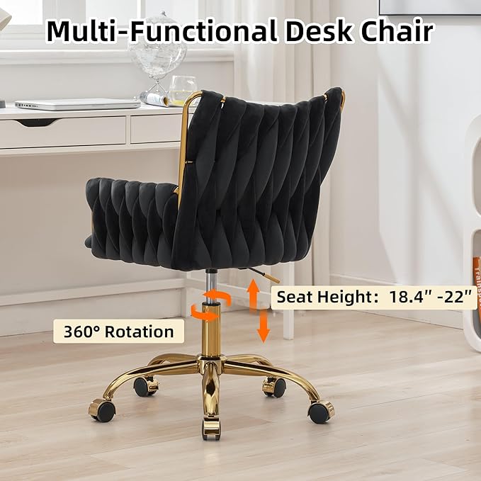 ABET Velvet Desk Chair with Wheels, Cute Upholstered Swivel Office Chair, Modern Gold Rolling Hand Woven Height Adjustable Armchair for Women Girls Home Makeup, Vanity, Nail Salon, Black