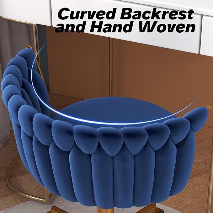 Velvet Woven Home Office Chair, Modern Swivel Desk Chair with Wheels, Height Adjustable Vanity Chair with Gold Metal Base and Hand Weaving Back for Bedroom Study Small Space, Navy Blue