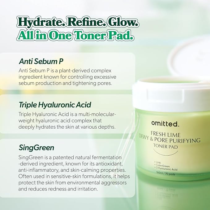 Omitted Fresh Lime Dewy & Pore Purifying Toner Pad (160ml) - Pore Minimizer & Exfoliating Pads with LHA, Deep Hydration with Triple Hyaluronic Acid, Korean Skin Care for face, 70 pads, 5.41 fl. oz.