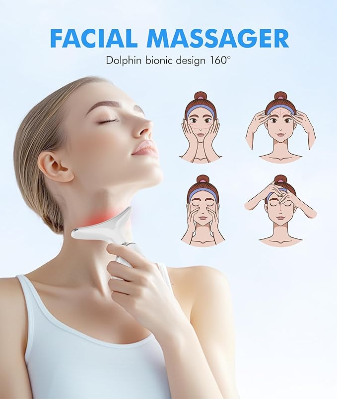 Red Light Therapy for Face and Neck, 7 Color Face Massager Tool for Wrinkles, Double Chin, Vibrating Facial Massager with Thermals for Skin Care, Gifts for Women Men, Glossy White