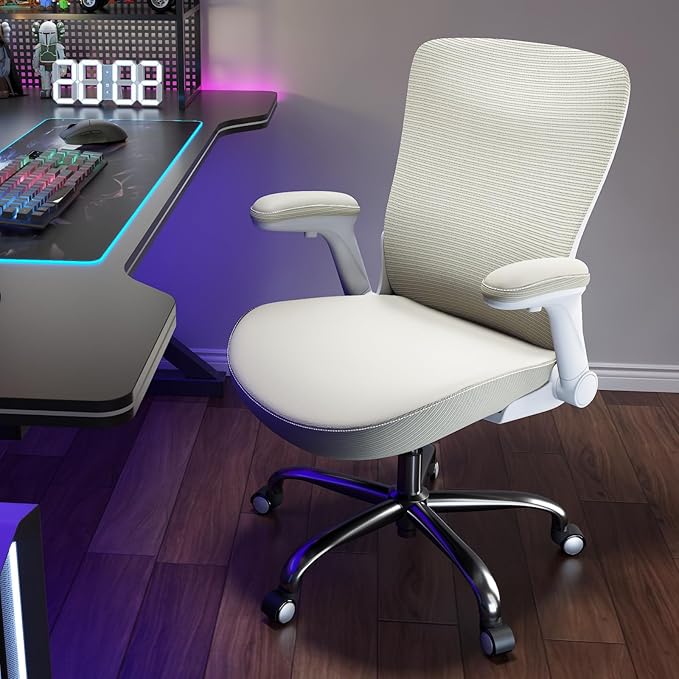 Office Home Ergonomic Desk Chair-Computer X-Shaped Chair Mesh PU Leather with Adjustable Lumbar Support-Executive Chair High Back Flip-Up Arms for Long Hours (Beige-No Headrest)