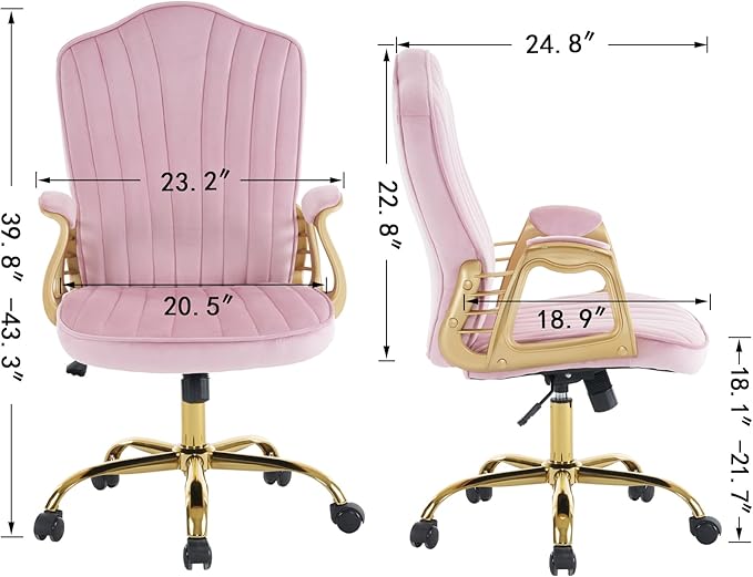 Velvet Home Office Chair with Gold Arms and Legs, Comfortable Upholstered Tufted Swivel Desk Chair Comfy with Wheels for Girls Women Study Bedroom Living Room, Pink