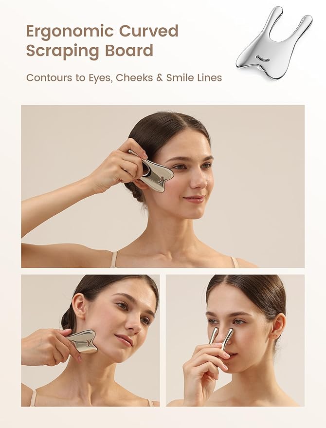 Lemove Stainless Steel Gua Sha Facial Tool - Massage Tool for for Face, Jawline Shaper, Reducing Double Chin, Whole Body Gua Sha Tool, Lymphatic Drainage Massager, Facial Skin Care - Silver
