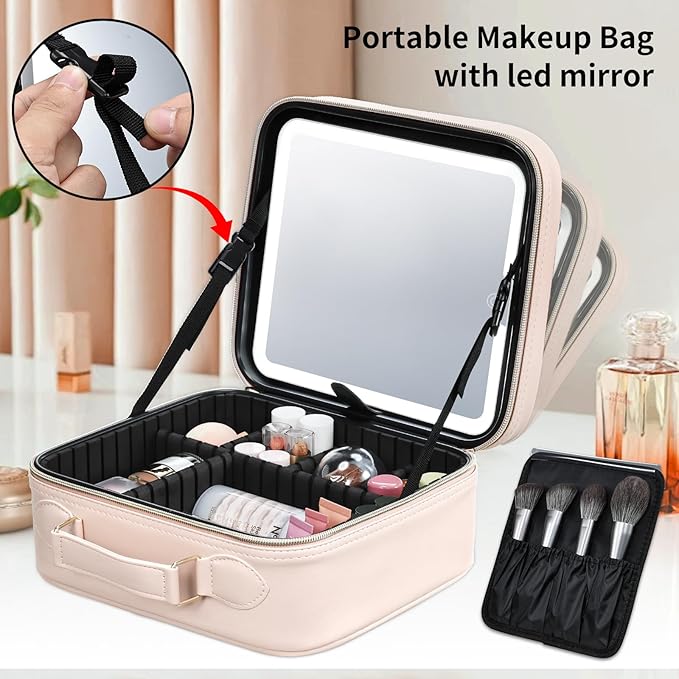Travel Makeup Bag with LED Mirror 3 Color Modes,10.2-in Pink Vegan Leather Makeup Organizer Bag with Adjustable EVA Dividers and Independent Brush Panel